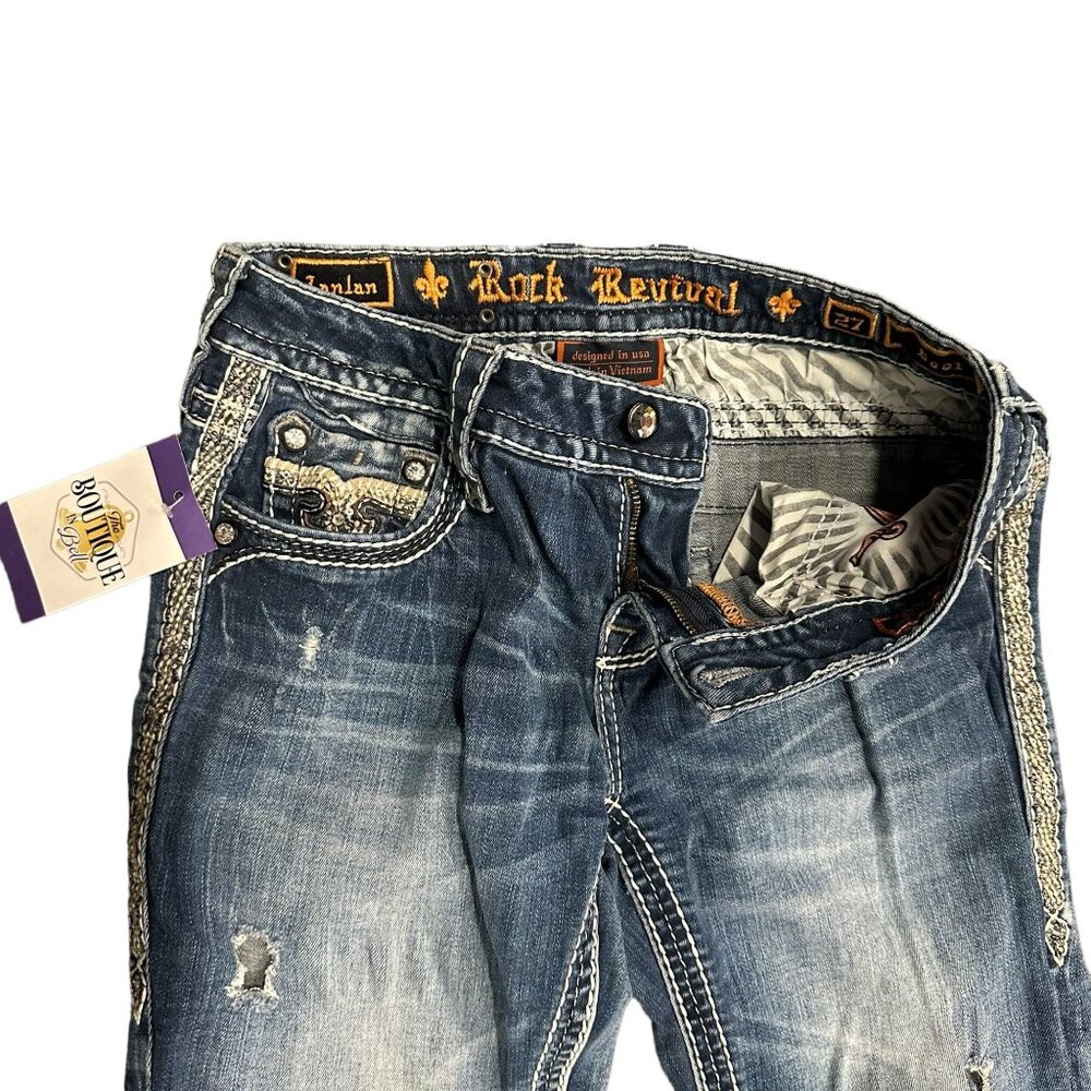 Rock Revival Lanlan Bootcut 27 Jeans Swarovski Leather Insert Faux Flap Pocket - Picture 10 of 16